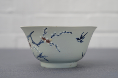 A Chinese blue, white and red on celadon ground 'prunus' bowl, Kangxi